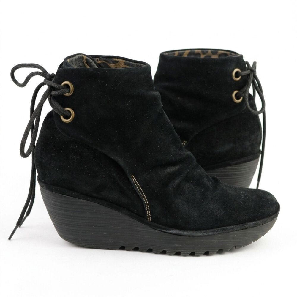 🖤 FLY London Black Suede Wedge Ankle Boots Tie Back Whimsigoth EU 41 US 10